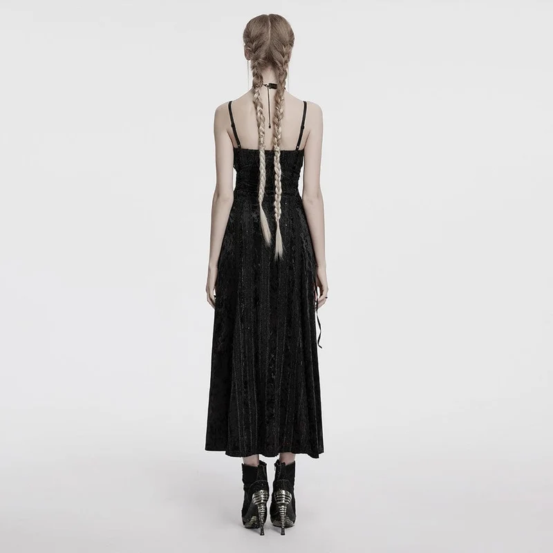 Gothic-Slip-Kleid aus Samt mit Schnürung und Blumenstickerei für Damen, Schwarz