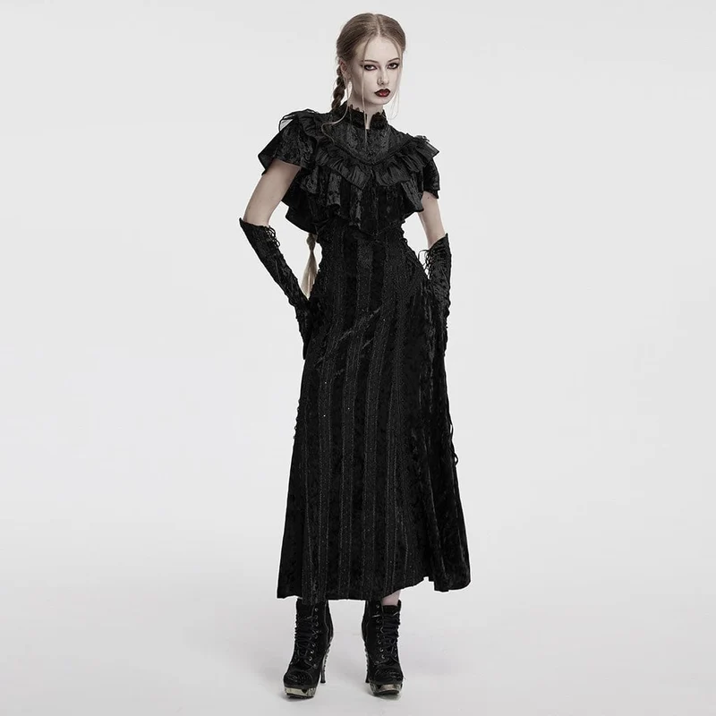 Gothic-Slip-Kleid aus Samt mit Schnürung und Blumenstickerei für Damen, Schwarz
