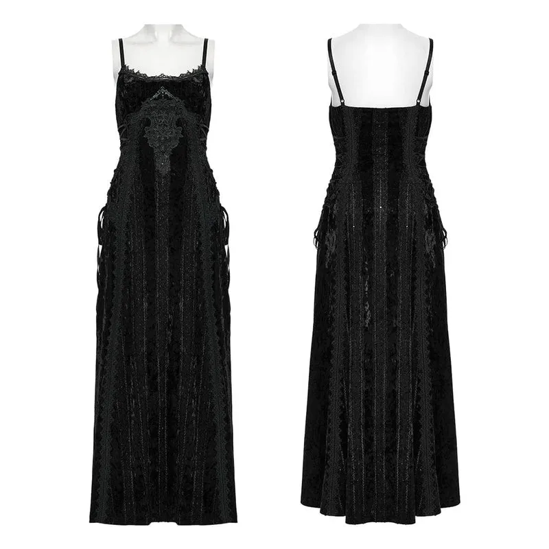 Gothic-Slip-Kleid aus Samt mit Schnürung und Blumenstickerei für Damen, Schwarz