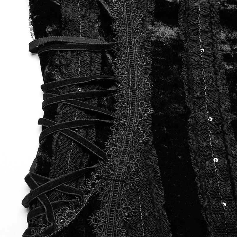 Gothic-Slip-Kleid aus Samt mit Schnürung und Blumenstickerei für Damen, Schwarz