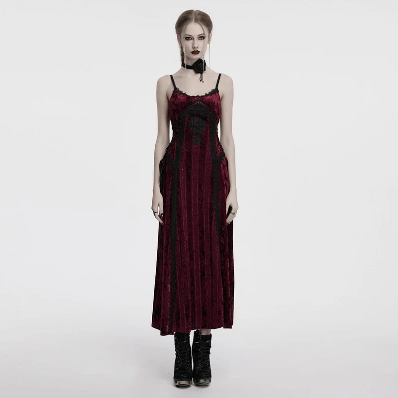 Gothic-Schnürkleid aus Samt mit Blumenstickerei für Damen in Rot