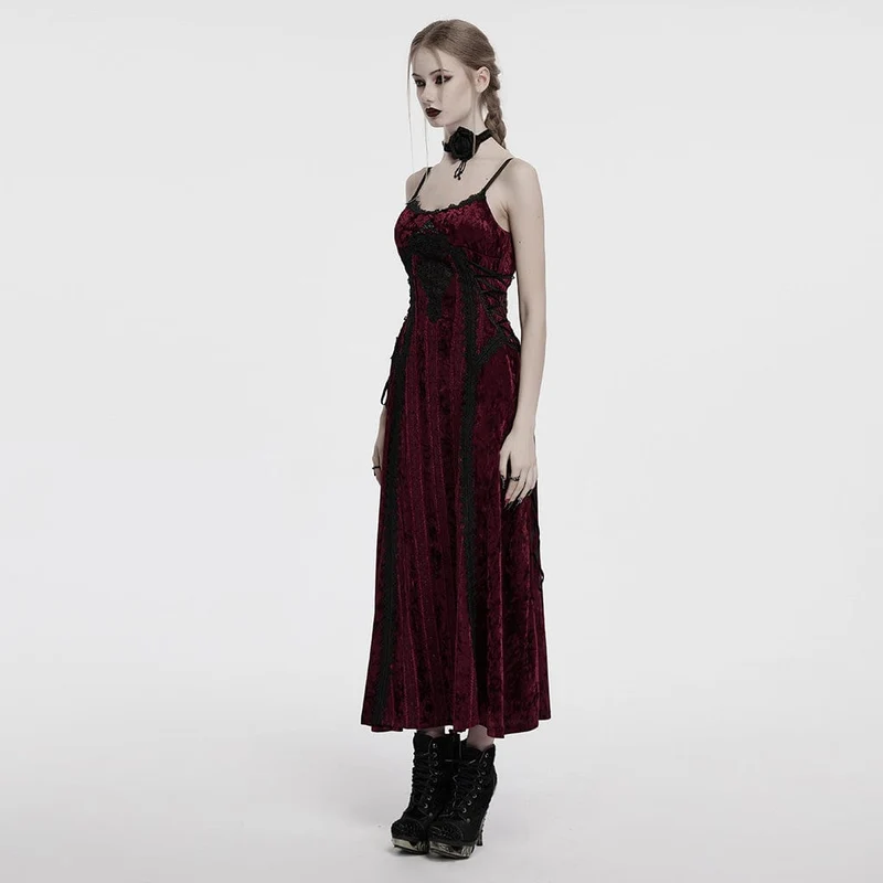 Gothic-Schnürkleid aus Samt mit Blumenstickerei für Damen in Rot