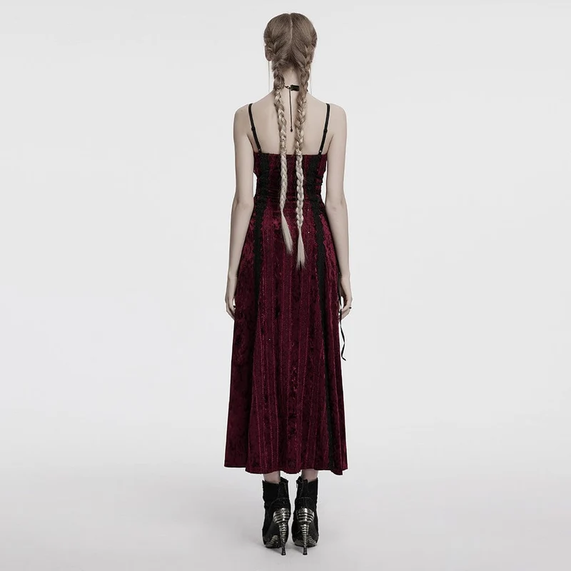 Gothic-Schnürkleid aus Samt mit Blumenstickerei für Damen in Rot