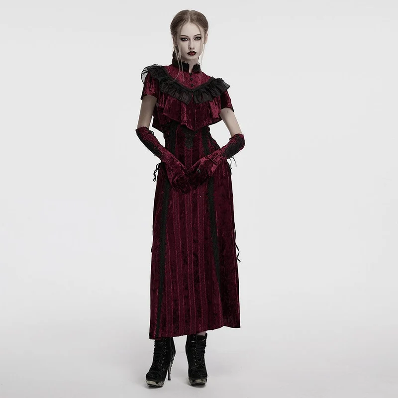 Gothic-Schnürkleid aus Samt mit Blumenstickerei für Damen in Rot