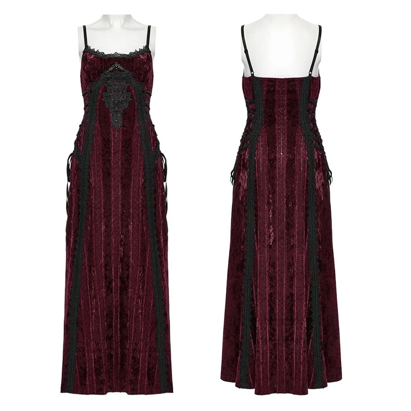 Gothic-Schnürkleid aus Samt mit Blumenstickerei für Damen in Rot