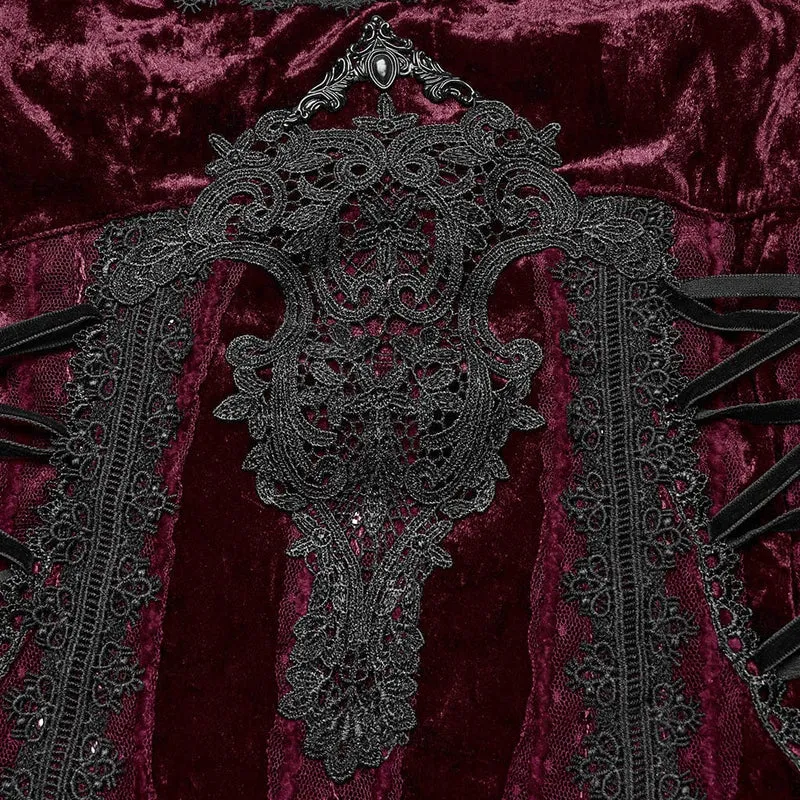 Gothic-Schnürkleid aus Samt mit Blumenstickerei für Damen in Rot