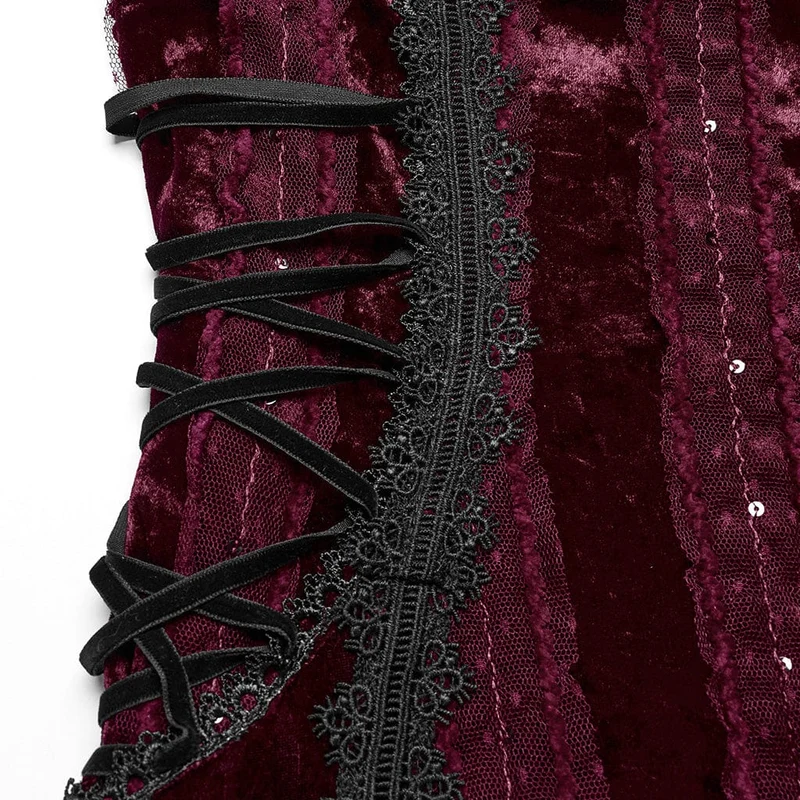 Gothic-Schnürkleid aus Samt mit Blumenstickerei für Damen in Rot