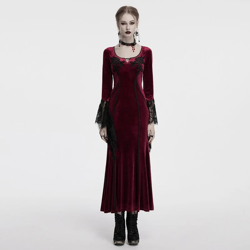Damen Gothic Floral bestickte Spitze Splice Samt Kleid Rot
