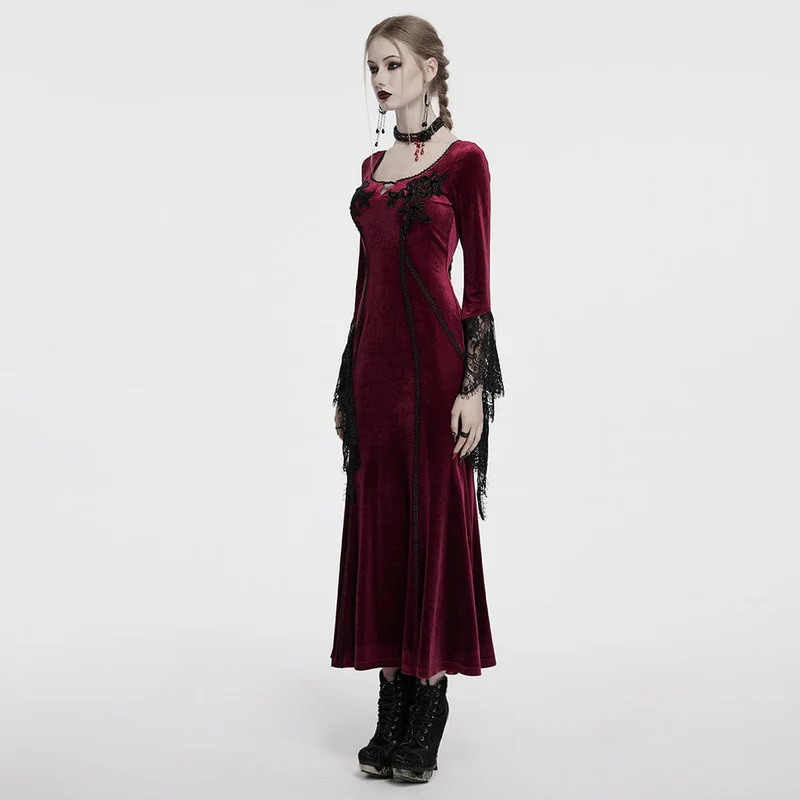 Damen Gothic Floral bestickte Spitze Splice Samt Kleid Rot