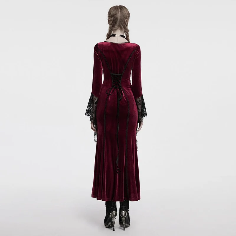Damen Gothic Floral bestickte Spitze Splice Samt Kleid Rot