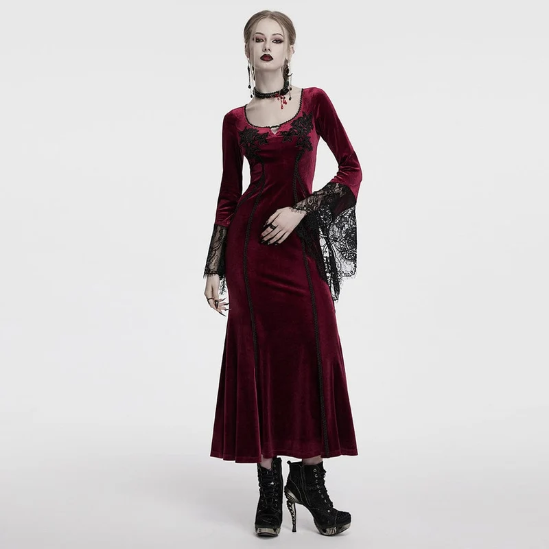 Damen Gothic Floral bestickte Spitze Splice Samt Kleid Rot