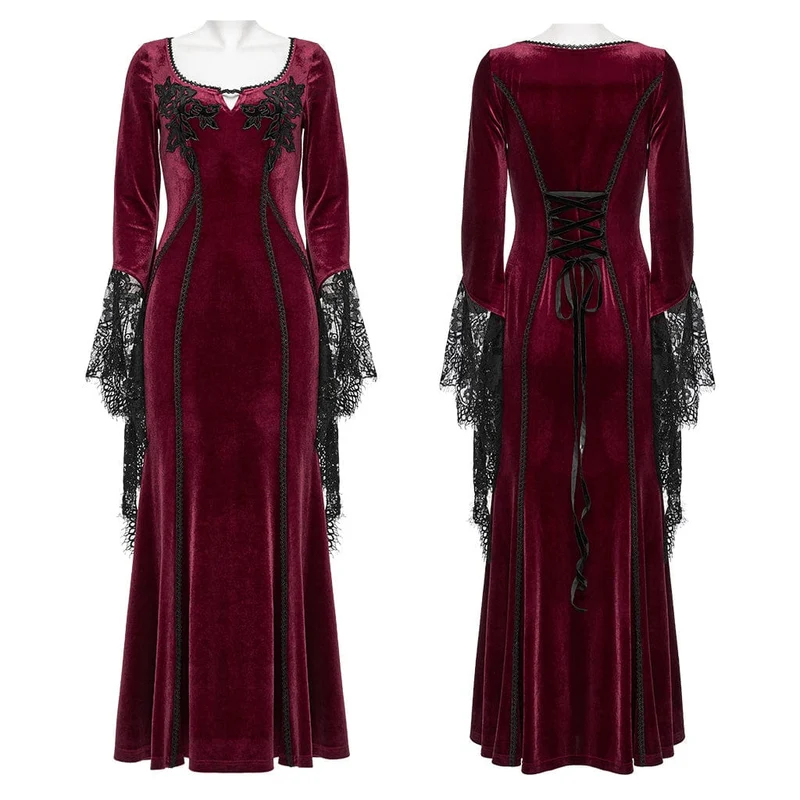 Damen Gothic Floral bestickte Spitze Splice Samt Kleid Rot