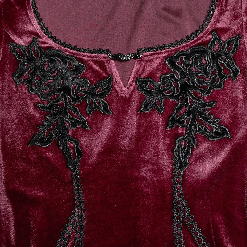 Damen Gothic Floral bestickte Spitze Splice Samt Kleid Rot