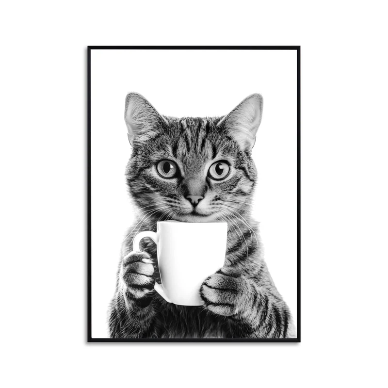 Küchenposter witzig Küchen Print Katze trinkt Kaffee Bild für die Küche Deko Wand Schwarz Weiß Poster Kaffee Geschenk Katzenliebhaber Bild
