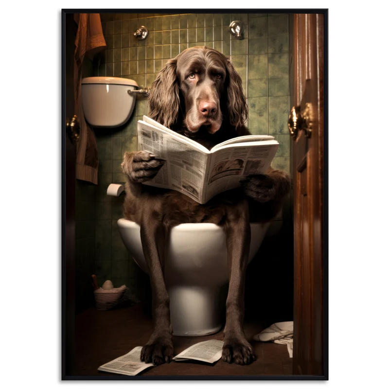Hund auf Klo Poster Gäste WC Badezimmer Bilder lustig Badezimmer Deko Wanddekoration Hund liest Zeitung Art Deco