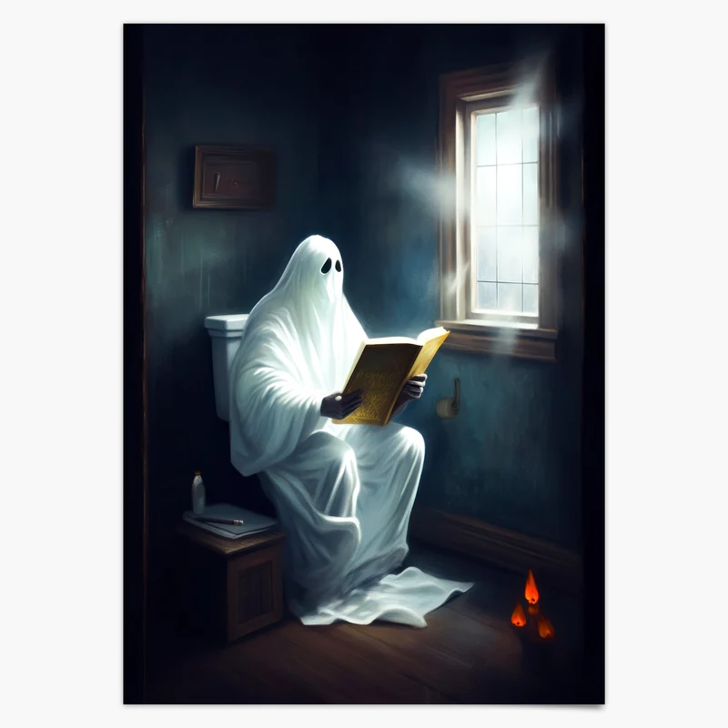 Badezimmer Poster Geist liest Buch auf Toilette Bild für Badezimmer Deko Lustig Gothic Wanddekoration Art Deco Halloween Vintage Poster