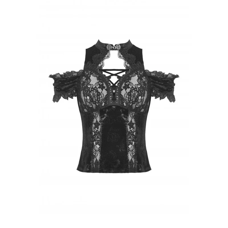 Schulterfreies, schulterfreies Gothic-Top aus Samt mit Spitzenspleiß für Damen