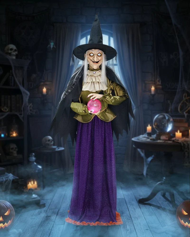 Madame Morbella Hexe mit Kristallkugel Halloween Animatronic 182cm