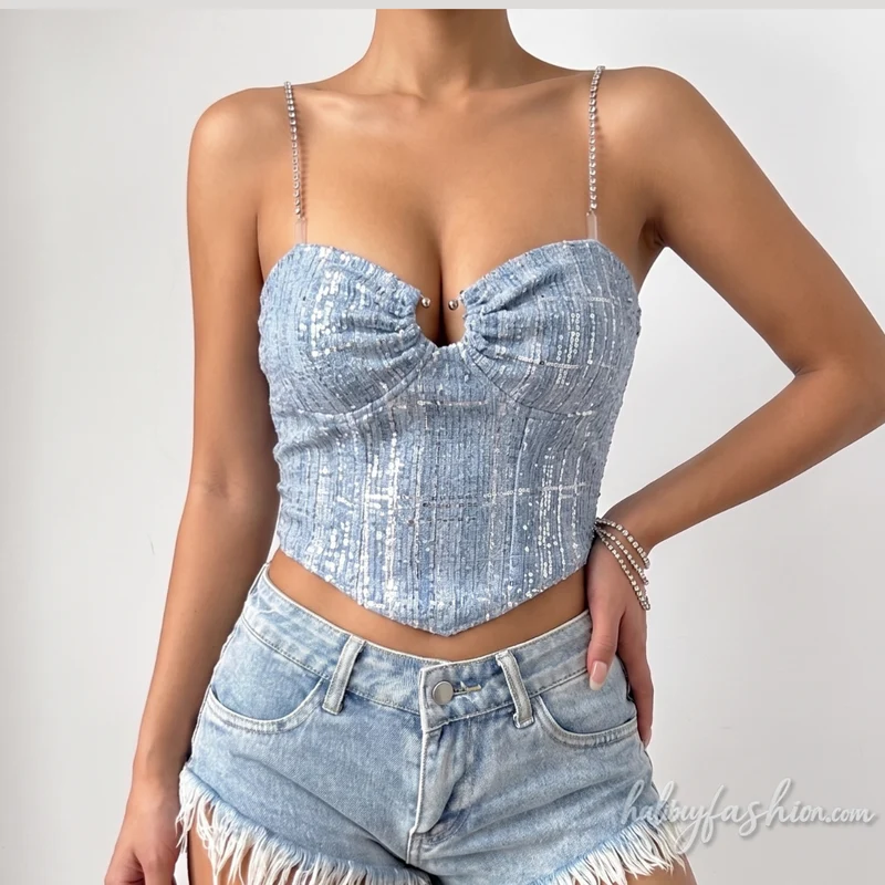 Glitter ruched chain backless cami top