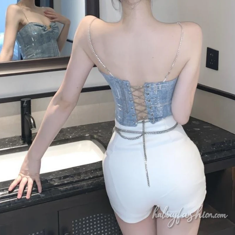 Glitter ruched chain backless cami top