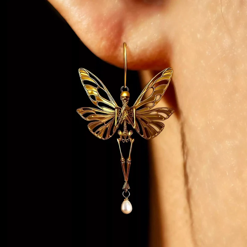 Gothic-Ohrhänger für Damen mit Schmetterlingsflügel-Ausschnitt, Skelett-Motiv und Perlen
