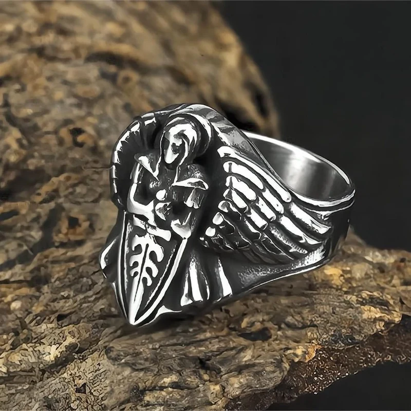 Punk-Ring für Herren mit 3D-geformtem Engelsschwert und Schild