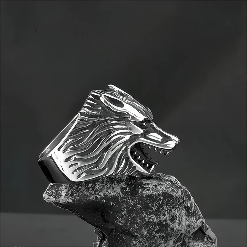 Punk-Ring für Herren mit 3D-Wolfskopfmotiv