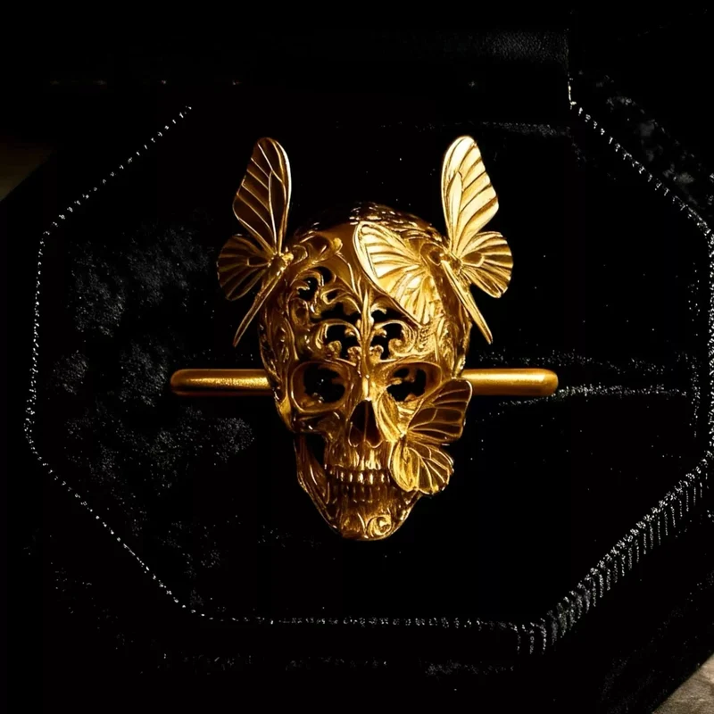 Gothic-Ring für Damen mit Totenkopf- und Schmetterlingsausschnitt, offener Band
