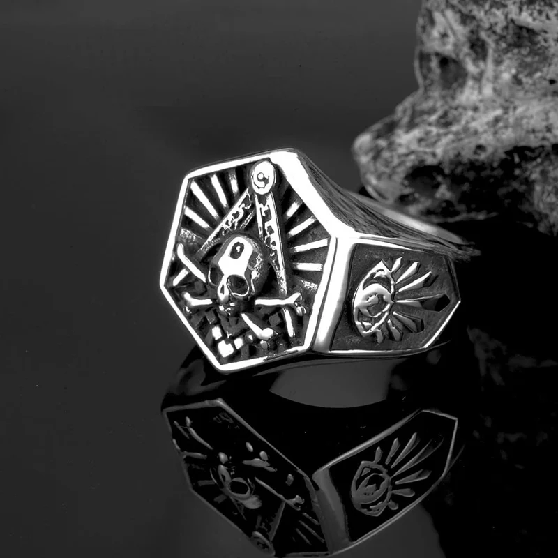 Punk-Ring für Herren mit sechseckigem Totenkopf-Motiv