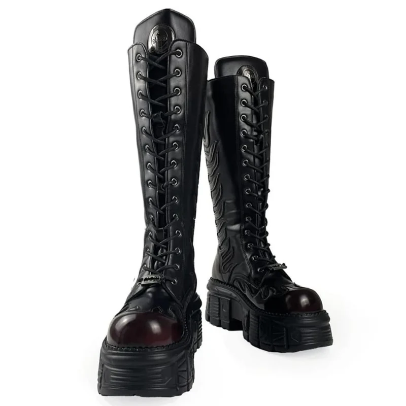 Damen-Motorradstiefel im Punk-Stil mit Flammenapplikation, Schnürung, runder Zehenpartie, Plateau und dicker Sohle