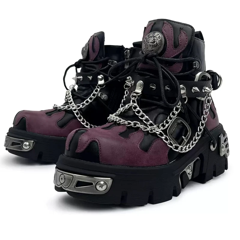 Punk-Sneaker für Herren mit Nieten, Kettenriemen, Schnalle, zweifarbiger Plateausohle und klobiger Sohle