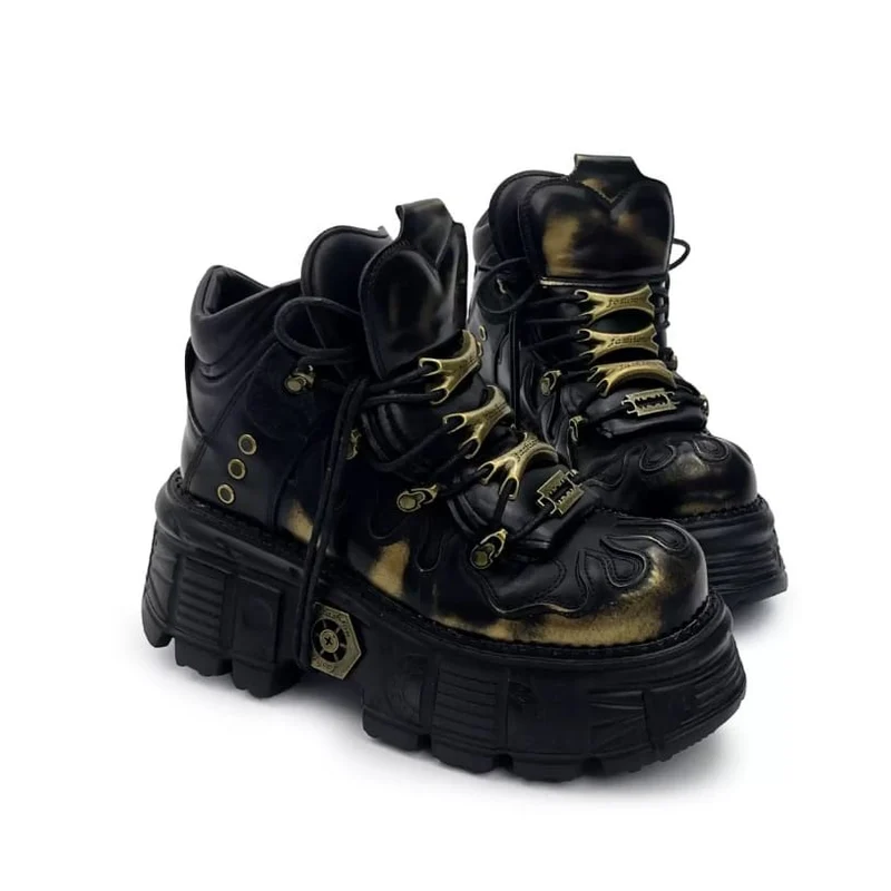 Punk-Schnürschuhe für Herren, zweifarbig, mit runder Zehenpartie, Plateau und dicker Sohle