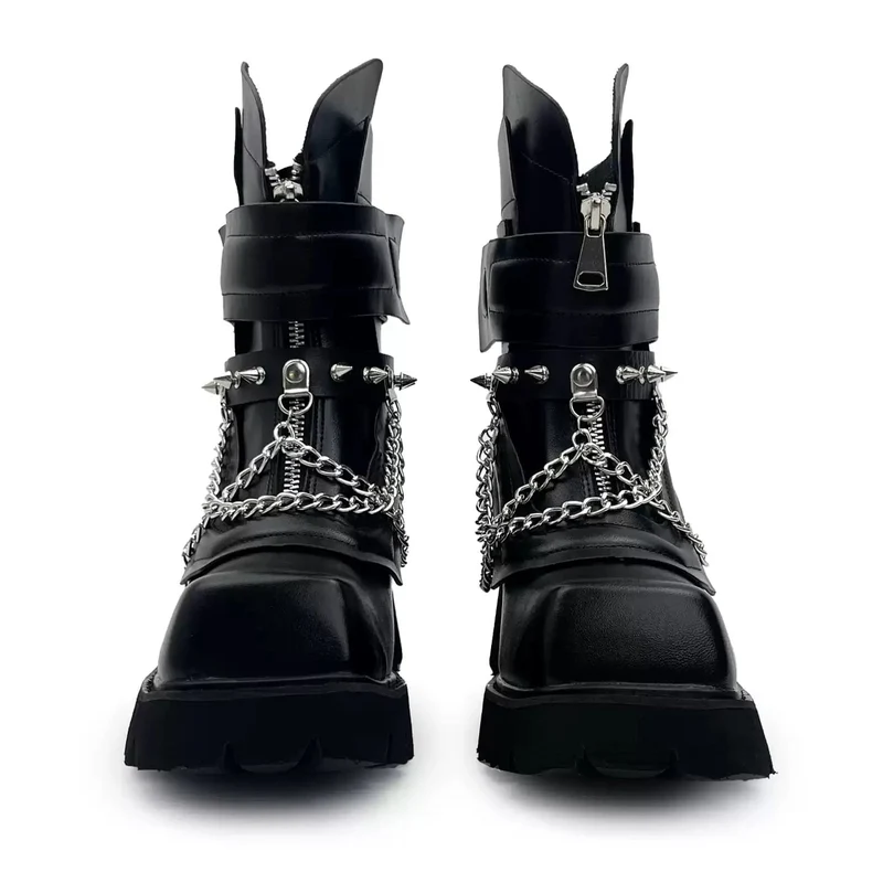 Punk-Stiefel für Herren mit Nieten, Kettenriemen, Schnalle, eckiger Zehenpartie, Plateau und Blockabsatz