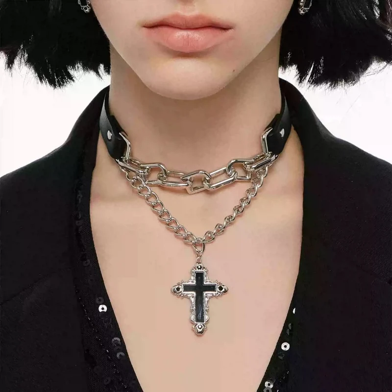 Grunge-Choker mit Kreuzkette für Damen