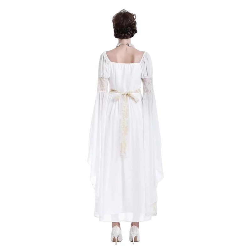 Gothic-Maxikleid für Damen, zweifarbig, mit eckigem Kragen, Glockenärmeln, Spitze und Chiffon, Hochzeitskleid