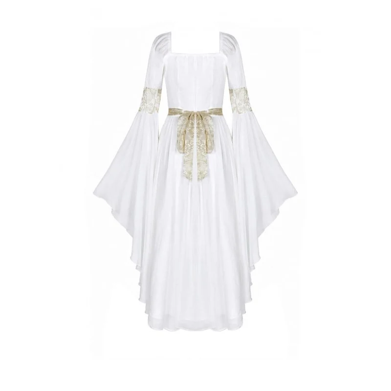 Gothic-Maxikleid für Damen, zweifarbig, mit eckigem Kragen, Glockenärmeln, Spitze und Chiffon, Hochzeitskleid