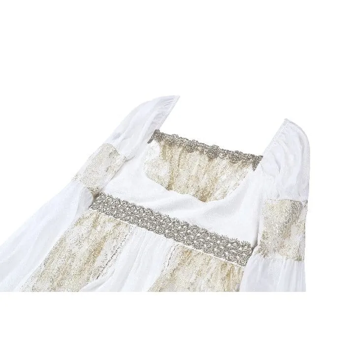 Gothic-Maxikleid für Damen, zweifarbig, mit eckigem Kragen, Glockenärmeln, Spitze und Chiffon, Hochzeitskleid