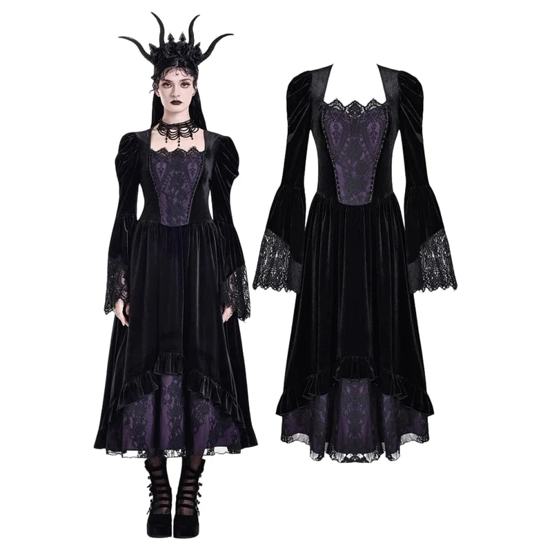 Gothic-Maxikleid für Damen mit kontrastfarbenem, eckigem Kragen und Glockenärmeln – Hochzeitskleid