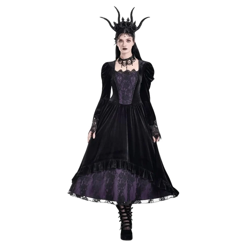 Gothic-Maxikleid für Damen mit kontrastfarbenem, eckigem Kragen und Glockenärmeln – Hochzeitskleid
