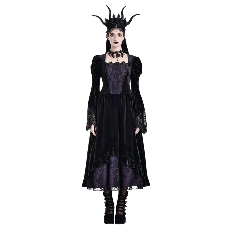 Gothic-Maxikleid für Damen mit kontrastfarbenem, eckigem Kragen und Glockenärmeln – Hochzeitskleid