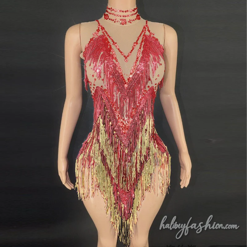 Tassels beaded high neck sleeveless romper