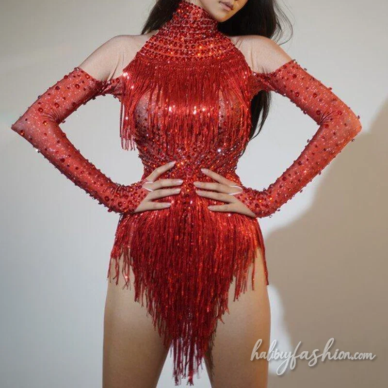 Cut out long sleeve high neck tassel romper