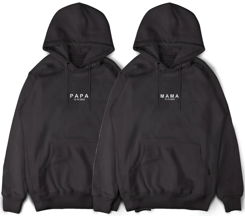 Papa Hoodie Mama Pullover mit Wunschdatum Papa Geschenk Mama Hoodie mit Datum Mama Papa Hoodies Schwangerschaft Ankündigung Pullis Unisex