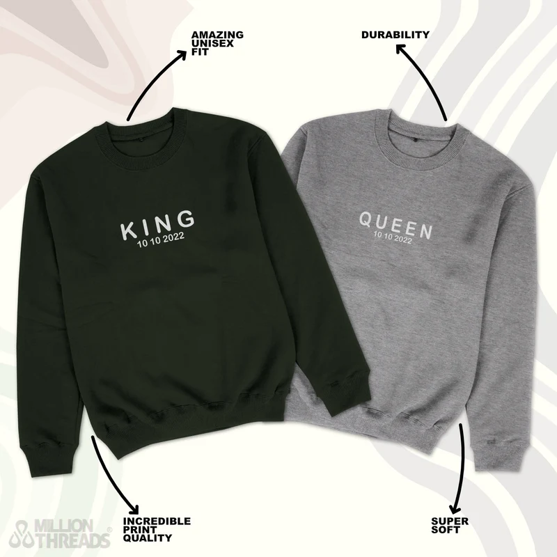 KING QUEEN Sweatshirts Pärchen Datum Minimal Pärchen Pullover personalisiert King & Queen Sweater minimalistisch Pärchenpullis Paar Pullover