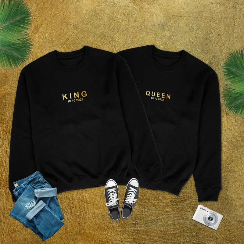 KING QUEEN Sweatshirts Pärchen Datum Minimal Pärchen Pullover personalisiert King & Queen Sweater minimalistisch Pärchenpullis Paar Pullover