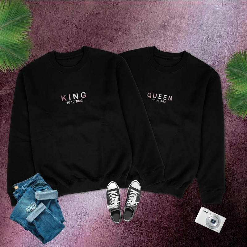 KING QUEEN Sweatshirts Pärchen Datum Minimal Pärchen Pullover personalisiert King & Queen Sweater minimalistisch Pärchenpullis Paar Pullover