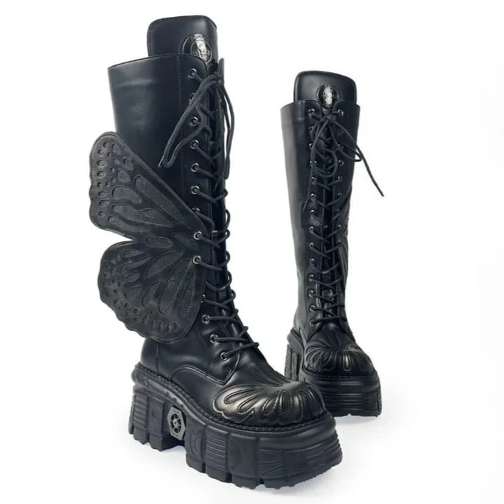 Grunge-Schnürstiefel für Damen mit Schmetterlingsflügel-Plateau und dicker Sohle