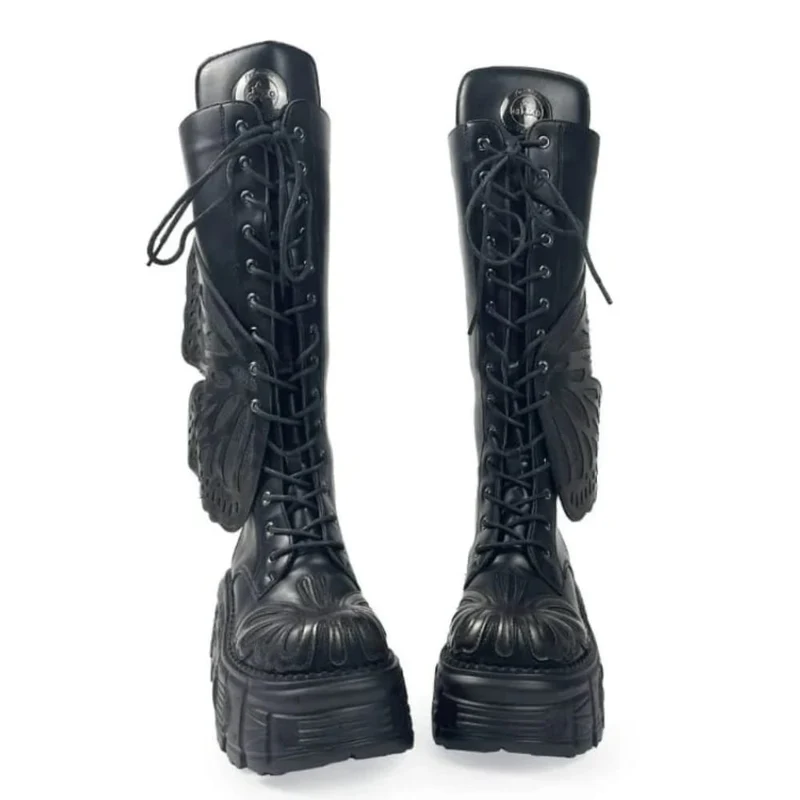 Grunge-Schnürstiefel für Damen mit Schmetterlingsflügel-Plateau und dicker Sohle