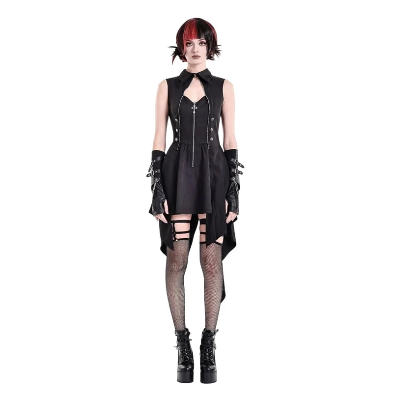 Punk-Kleid für Damen mit Cut-outs, Umlegekragen, Reißverschluss und asymmetrischem Saum