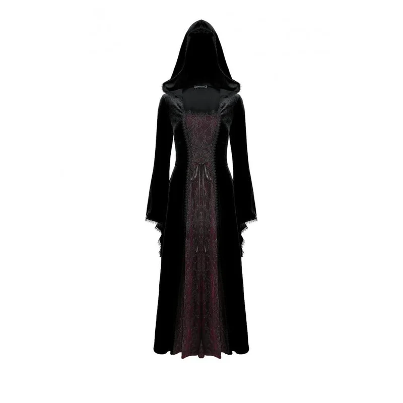 Gothic Maxikleid für Damen mit Schnürung, Farbblock-Design und Kapuze